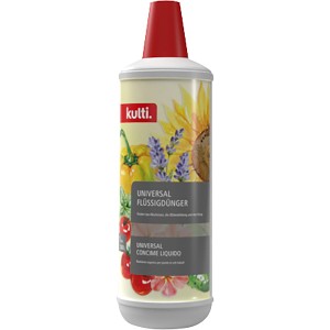 Kulti Universal Flüssigdünger 1L Flasche mit Gemüse- und Blumenmotiven.