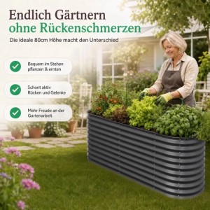 Frau gärtnert in anthrazitfarbenem HomeLuxWorld Metall-Hochbeet (160x80x80 cm) aus verzinktem Stahl. Ergonomische 80cm Höhe für bequemes Arbeiten.