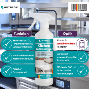 Hotrega Küchen-Totalreiniger Sprühflasche, 500ml, entfernt Fett, Öl, Fingerabdrücke. Ideal für Küchenreinigung.