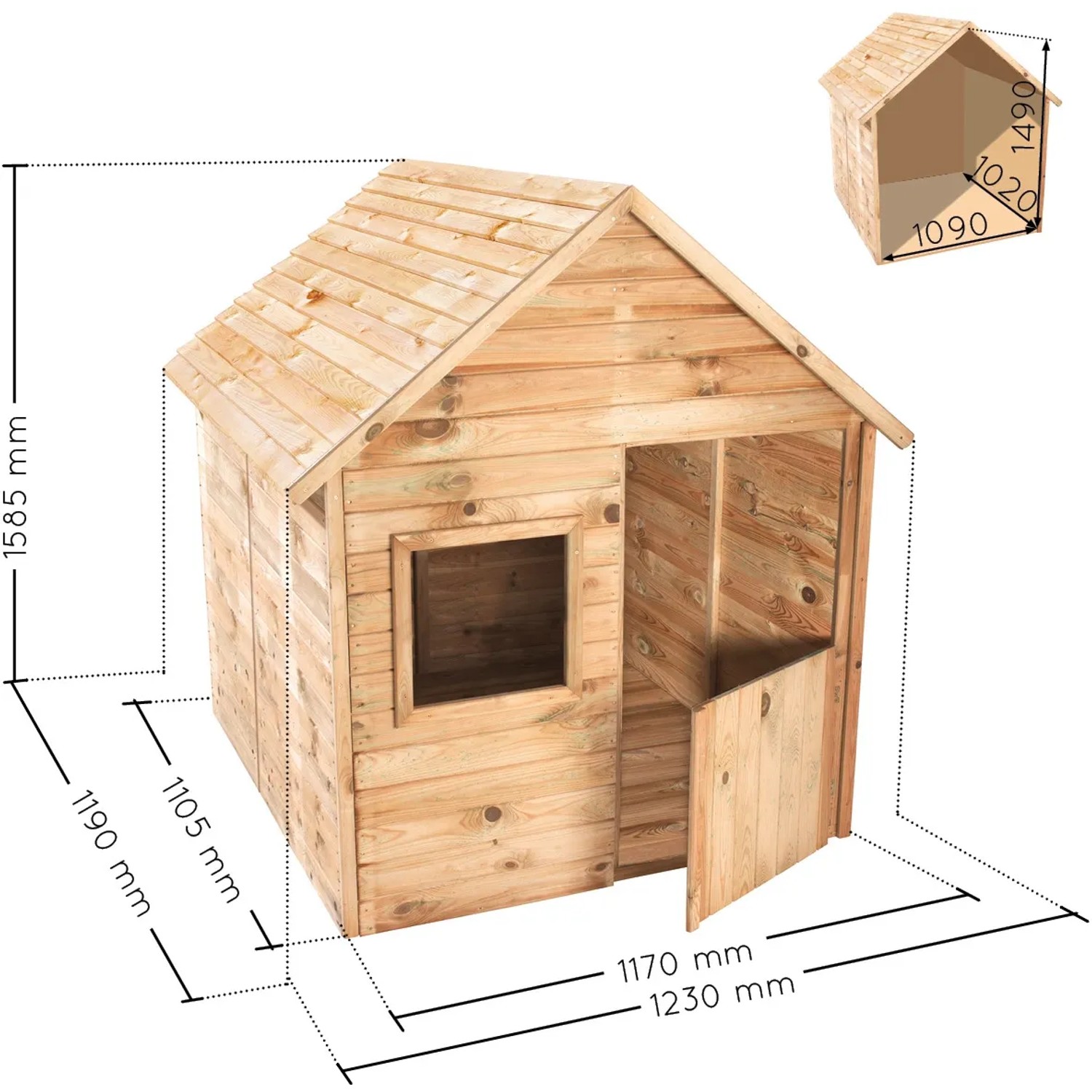 Abbildung des Soulet Kinderspielhaus Marina mit Maßen, aus Holz mit halber Tür und Fenster.