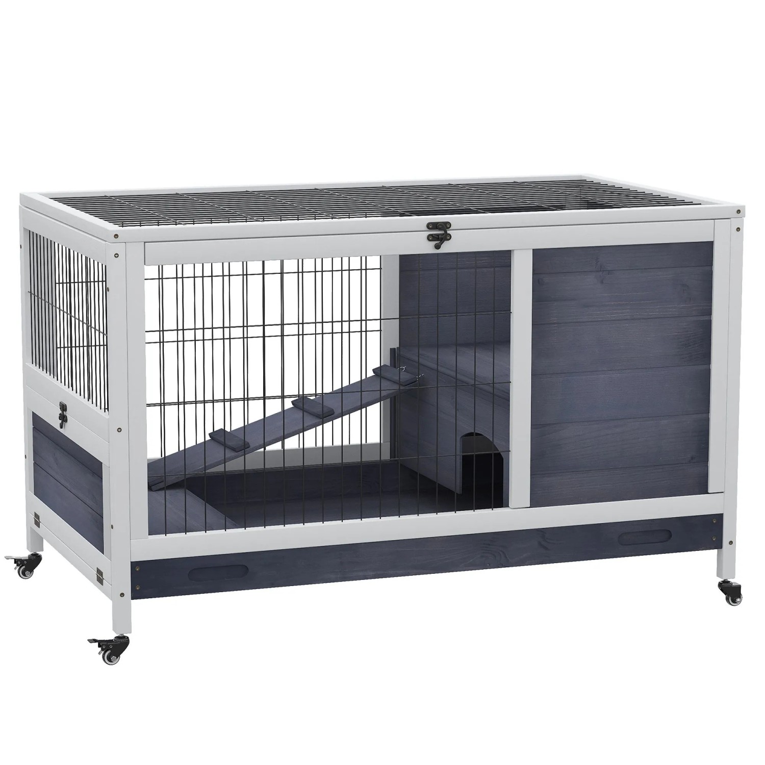PawHut Kaninchenstall Tannenholz Metall Dunkelgrau Weiß 90cm x 53cm x 59cm