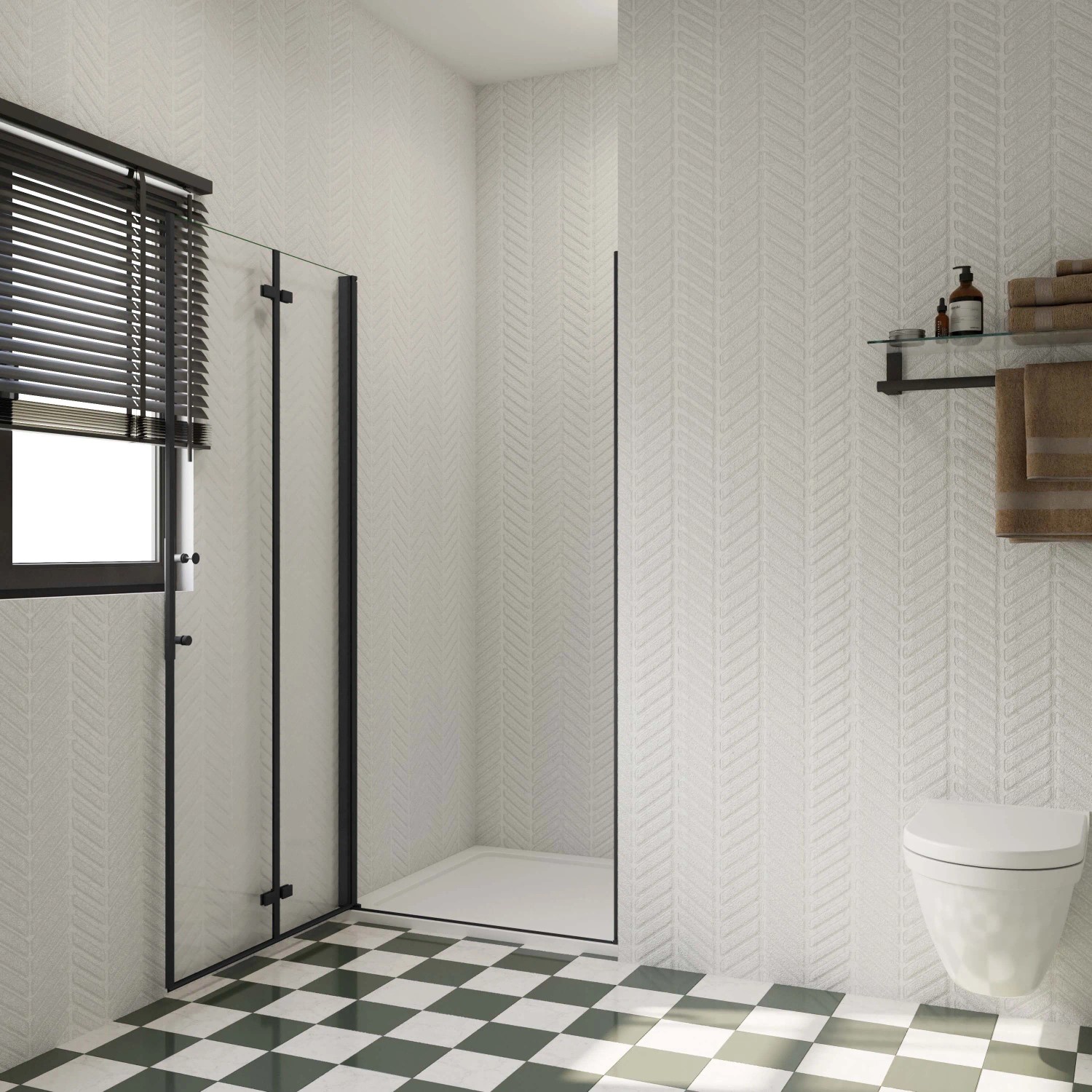 Schwarze AICA Nischentür Falttür aus Glas, 76x185cm, in modernem Bad mit Schachbrettfliesen.