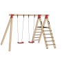 WEKA Doppel-Schaukel Funny 2 mit Kletterleiter, naturbelassenes Holz und roten Schaukelsitzen.