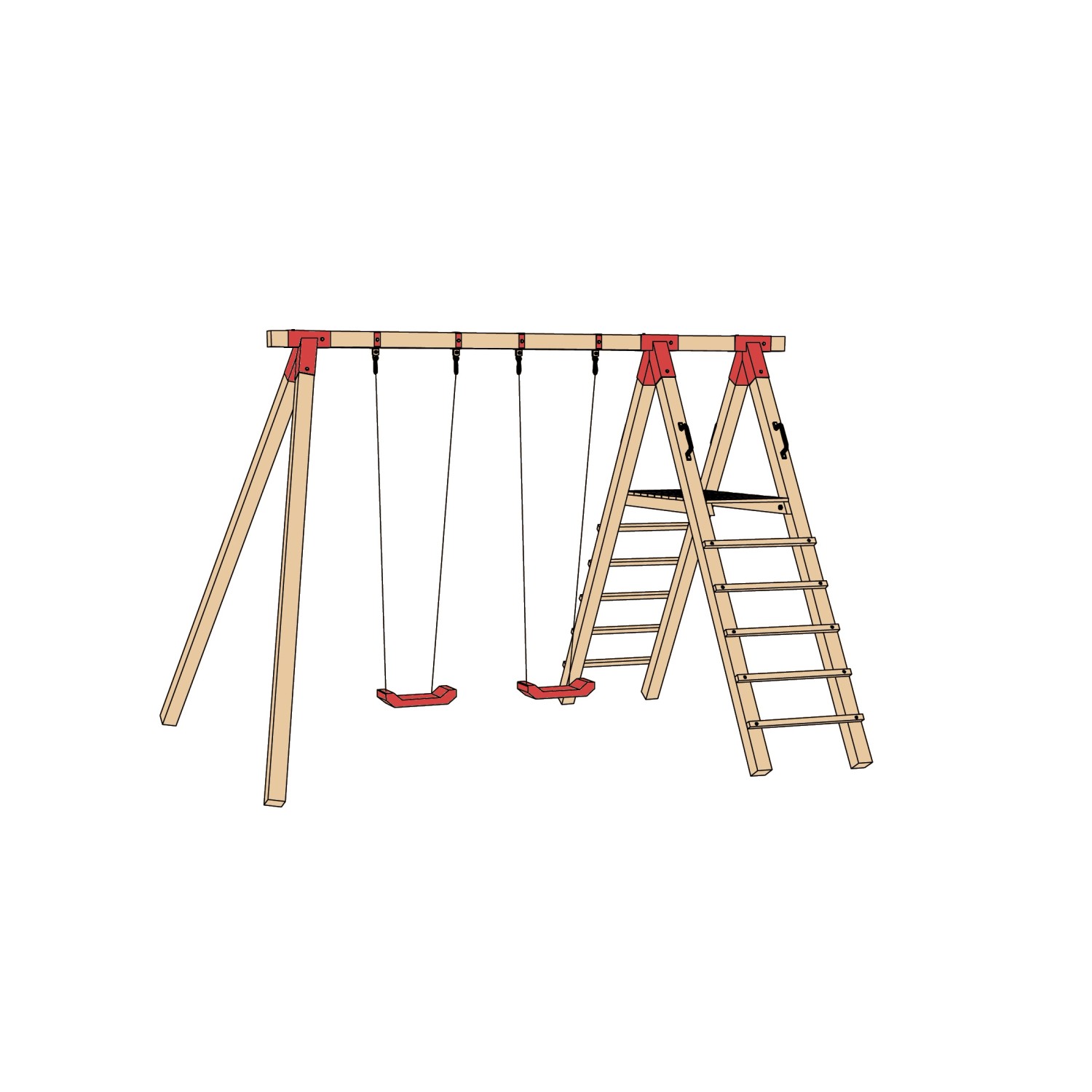 WEKA Doppel-Schaukel Funny 2 mit Kletterleiter, naturbelassenes Holz und roten Schaukelsitzen.