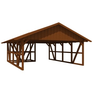 Skan Holz Carport Schwarzwald in Nussbraun mit Dachschalung und Abstellraum.