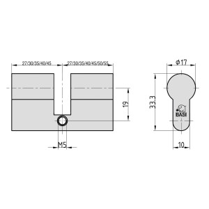 Technische Zeichnung Basi Blindzylinder BZ 100, 30/30 mm, für Profilzylinder-Lochung.