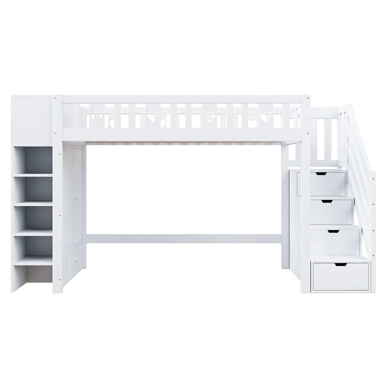 okwish Hochbett 90x200cm mit Stauraumleiter Regalen Schrank Kinderzimmer Weiß ohne Matratze