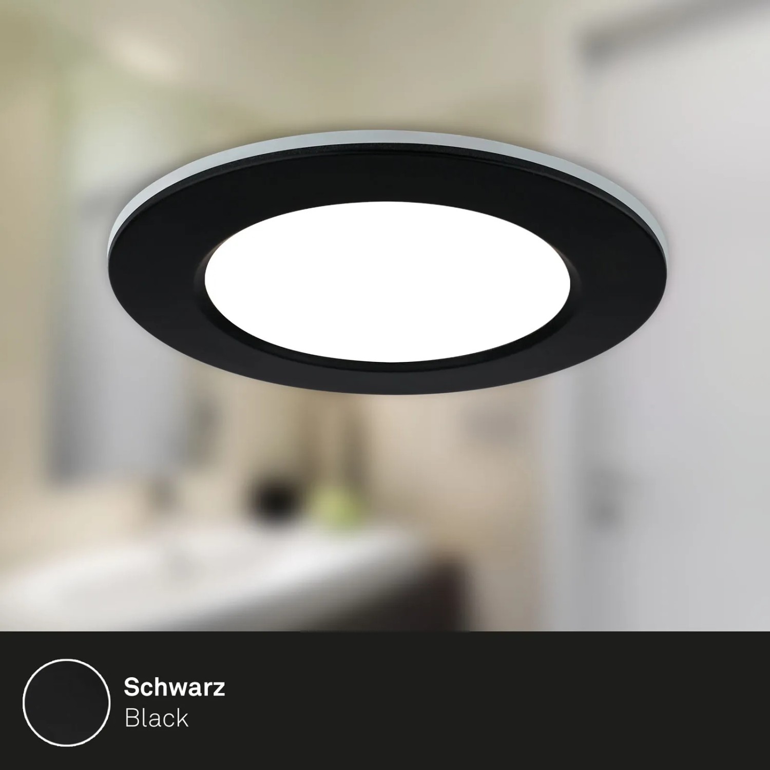 Schwarzer, dimmbarer LED Einbaustrahler (3er Set) mit RGB und CCT Funktion für das Badezimmer.