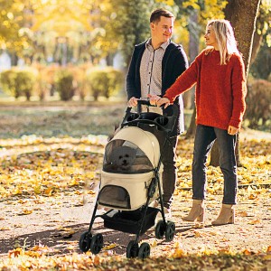 PawHut Hundewagen aus Stahl und Oxfordstoff in Khaki mit Hund im Inneren.