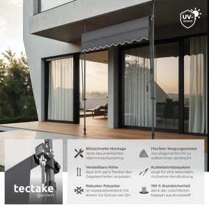 Tectake Klemmmarkise  Mit Handkurbel Uv Beständig 200 x 180 cm 180 x 200 x 304 cm Schwarz Grau