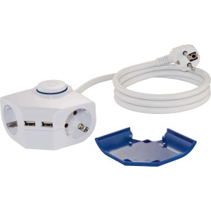 Weiße 2-fach Eck-Steckdosenleiste mit USB-Anschlüssen und blauem Befestigungssockel.