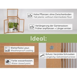 Mini-Gewächshaus Framy2 von needs&wants aus braun lasiertem Holz, ideal für die Anzucht von Pflanzen.
