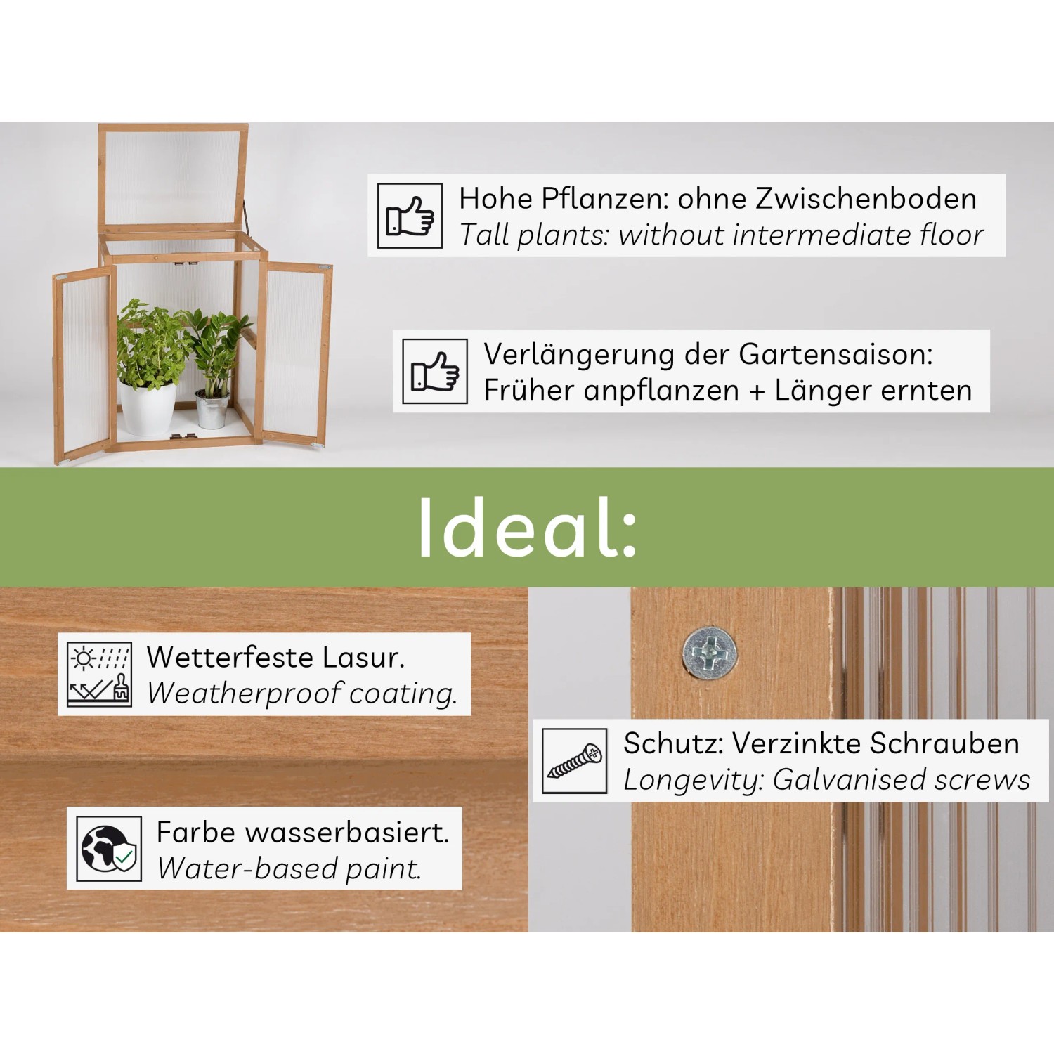 Mini-Gewächshaus Framy2 von needs&wants aus braun lasiertem Holz, ideal für die Anzucht von Pflanzen.
