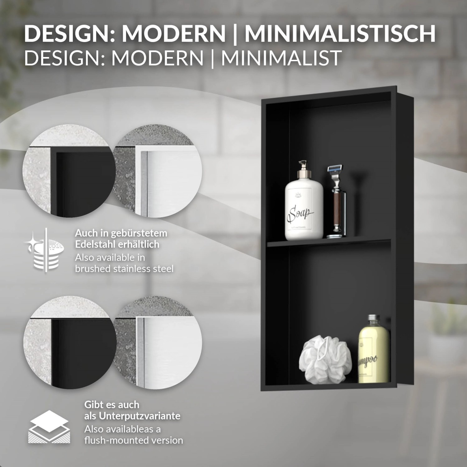 Schwarze LuxeBath Wandnische Doppel aus Edelstahl, 30x60x10cm, für Duschzubehör.