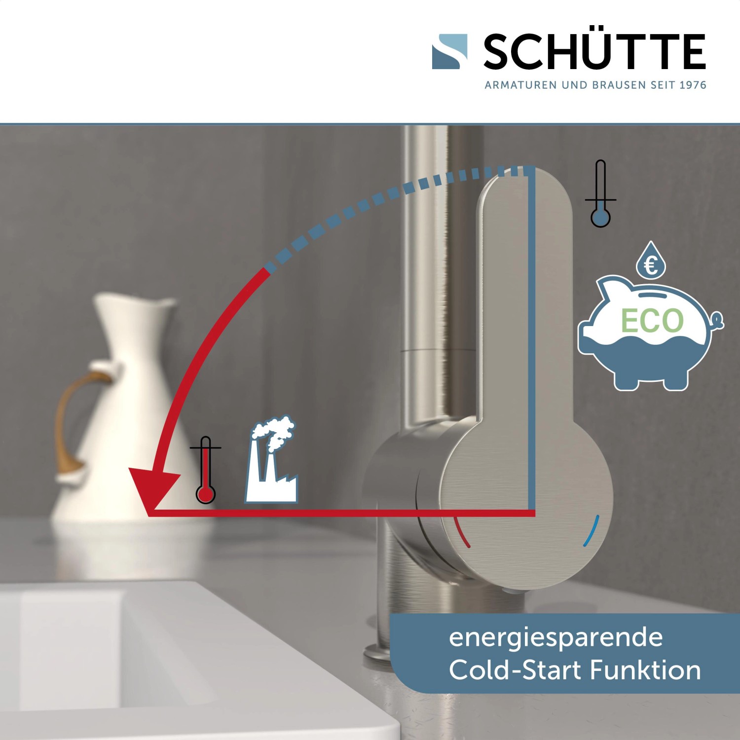 Schütte Spültischarmatur London Niederdruck mit Cold-Start Funktion in Edelstahloptik.