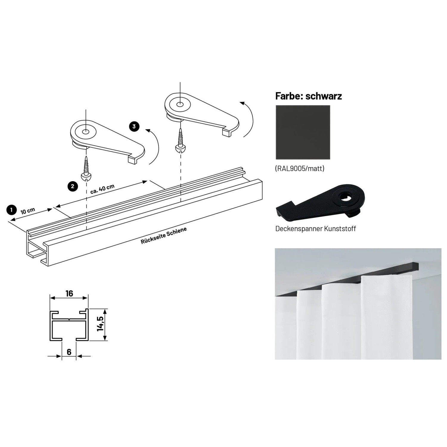 Deco-Raum Gardinenschiene nach Maß 1-Lauf Square Schwarz 180cm_2