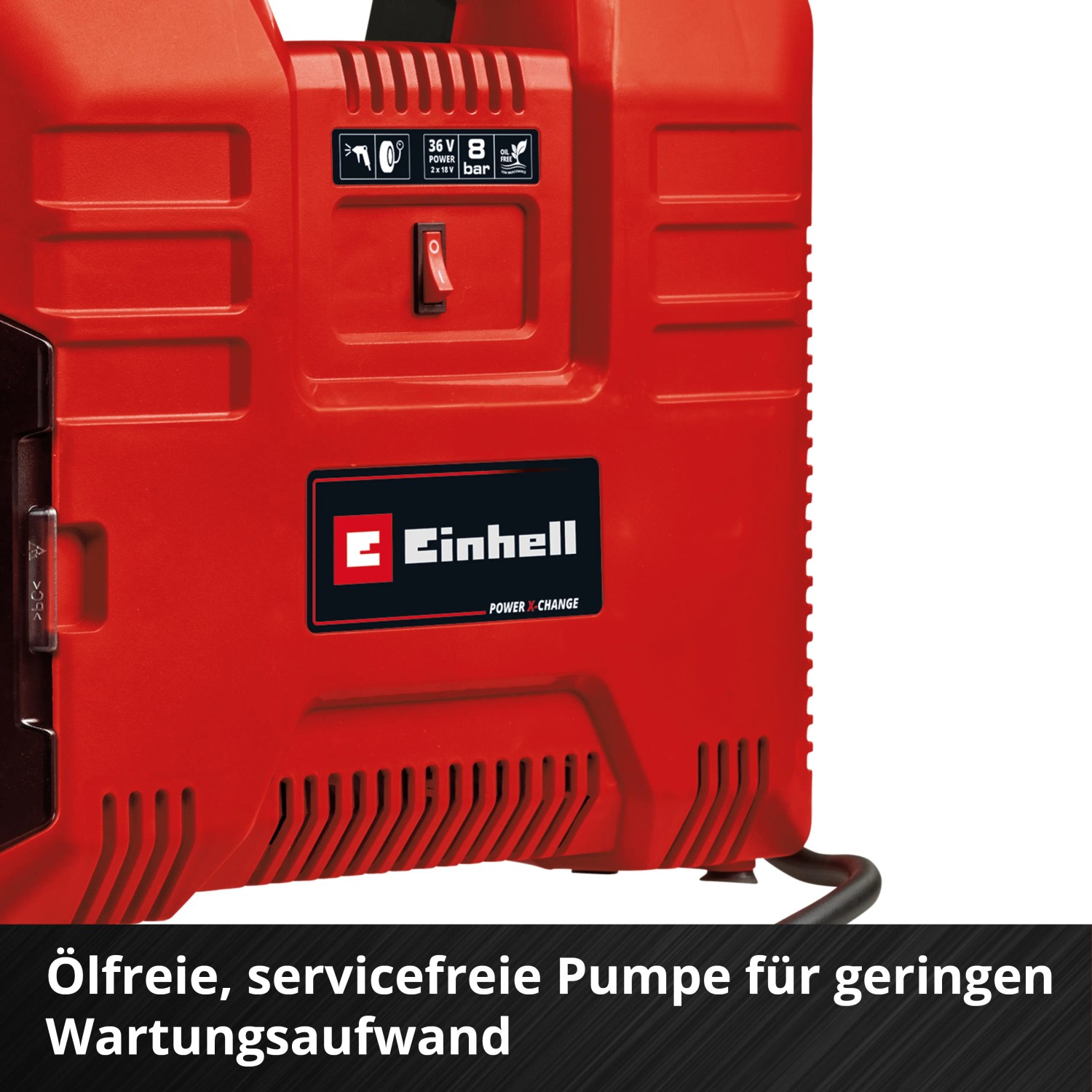 Einhell Akku-Kompressor TE-AC 36/8 Li OF Solo im roten Koffer, Teil der Power X-Change Familie.