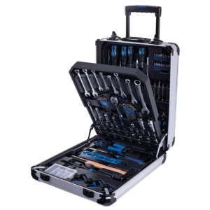 Offener Scheppach Werkzeugkoffer WZT187 aus Aluminium mit 187 Werkzeugen, blauen Akzenten und Trolleyfunktion.
