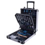 Offener Scheppach Werkzeugkoffer WZT187 aus Aluminium mit 187 Werkzeugen, blauen Akzenten und Trolleyfunktion.