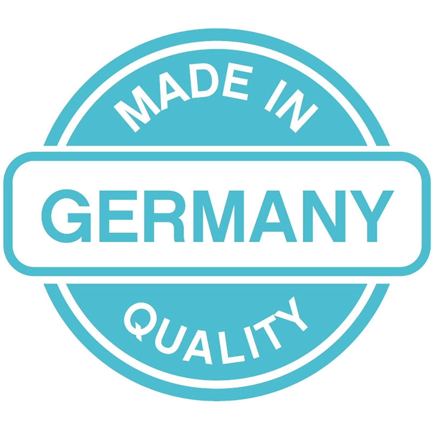 Siegel "Made in Germany Quality" in türkis-weiß.