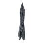 Zusammengebundener, blau-grau gestreifter Doppler Marktschirm MyZone 200x300 cm mit Kurbel.