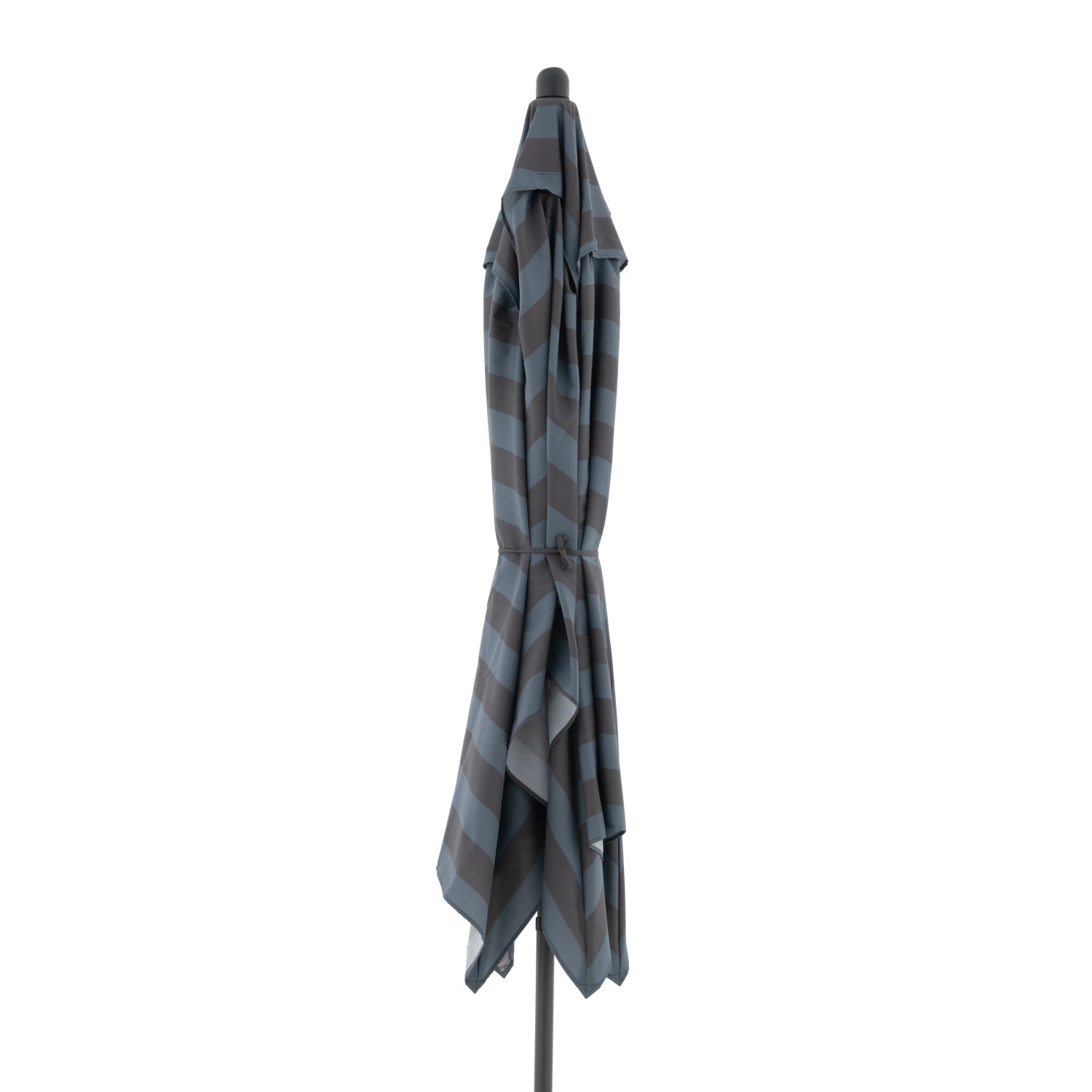 Zusammengebundener, blau-grau gestreifter Doppler Marktschirm MyZone 200x300 cm mit Kurbel.