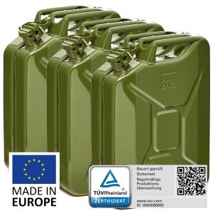 3 olivgrüne 20L Metall Kraftstoffkanister, TÜV-geprüft, für Benzin, Diesel, E10. Pannenhilfe.