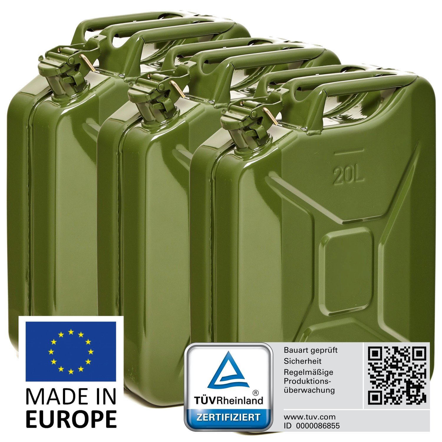 3 olivgrüne 20L Metall Kraftstoffkanister, TÜV-geprüft, für Benzin, Diesel, E10. Pannenhilfe.