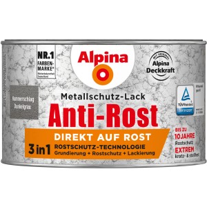 Dunkelgraue Alpina Metallschutz-Lack Dose mit Hammerschlag-Effekt, Anti-Rost Formel.
