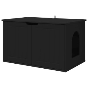 Schwarzes vidaXL Katzenhaus aus Holzwerkstoff mit Eingangstür und seitlichem Loch.