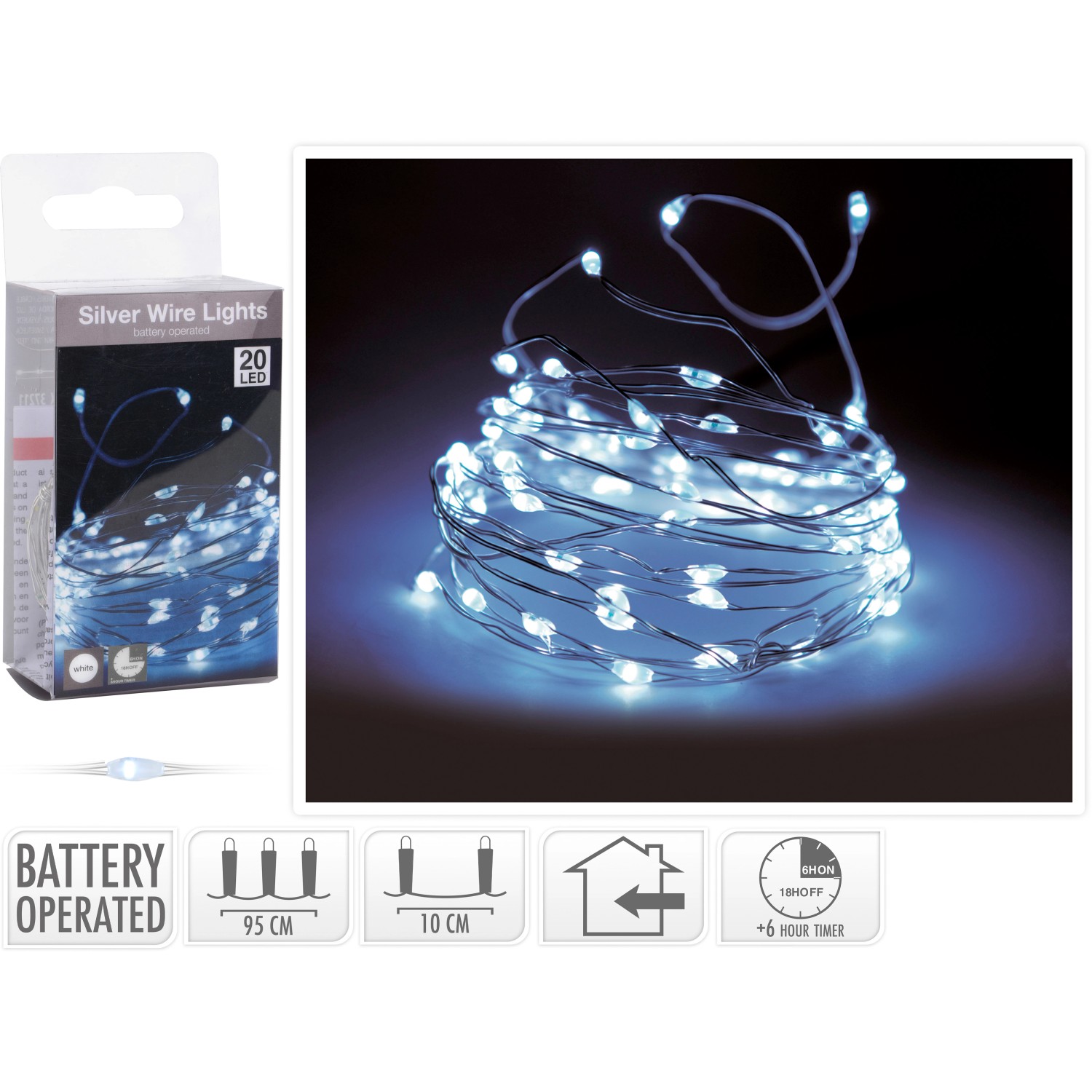 LED Lichterkette 20 kaltweiße LEDs Silberdraht innen batteriebetrieb