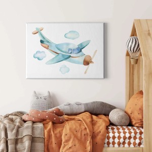 Kinderzimmer Wandbild: Leinwandbild mit blauem Flugzeug und Wolken im Aquarellstil.