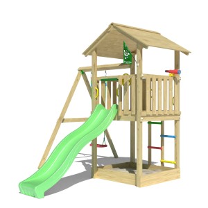Jungle Gym Spielturm Beacon mit Schaukel und Rutsche, Holz natur, hellgrüne Rutsche.