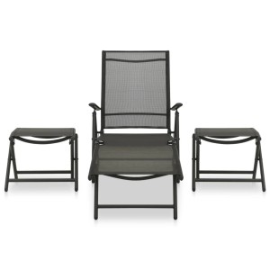 Schwarzes 3-tlg. Garten-Lounge-Set aus Textilene und Aluminium mit verstellbarem Stuhl und zwei Hockern.