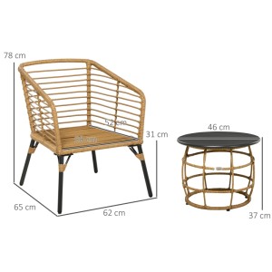 Outsunny Rattan Gartenmöbel-Set: Sessel und runder Couchtisch in Sand/Dunkelgrau mit Maßen.