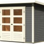 Karibu Holz-Gartenhaus Sitten, terragrau, mit Pultdach und Doppeltür.