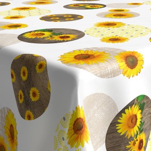 Venilia Tischdecke Sunflowers, Meterware, mit gelben Sonnenblumen auf weißem Grund.