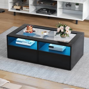 Eleganter schwarzer Hochglanz Couchtisch mit Glasplatte, blauer LED Beleuchtung, Schubladen und Stauraum.