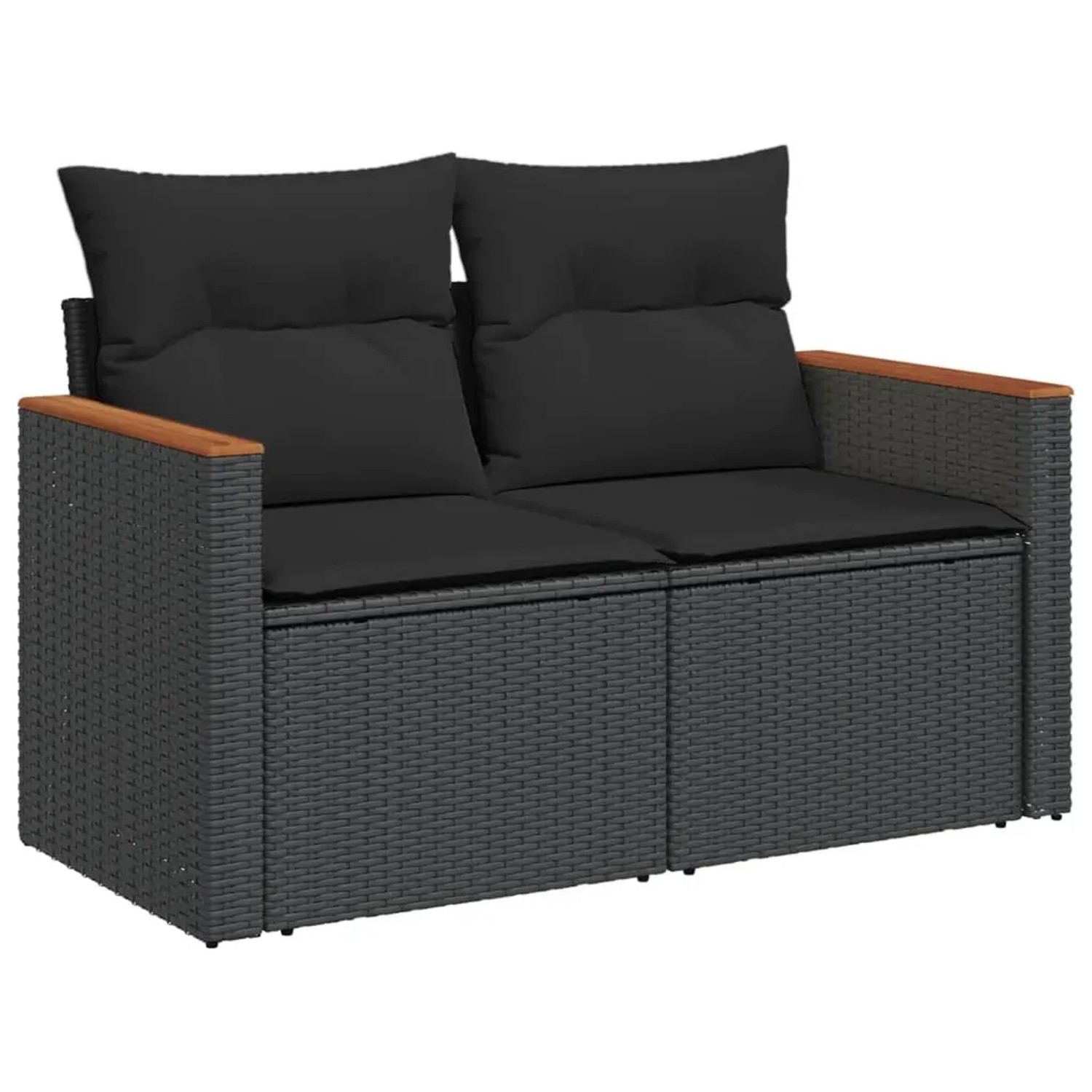 Schwarze 2-Sitzer Garten-Sofagarnitur aus Rattan mit Kissen. Teil der vidaXL 10-tlg. Gartenmöbel Set.