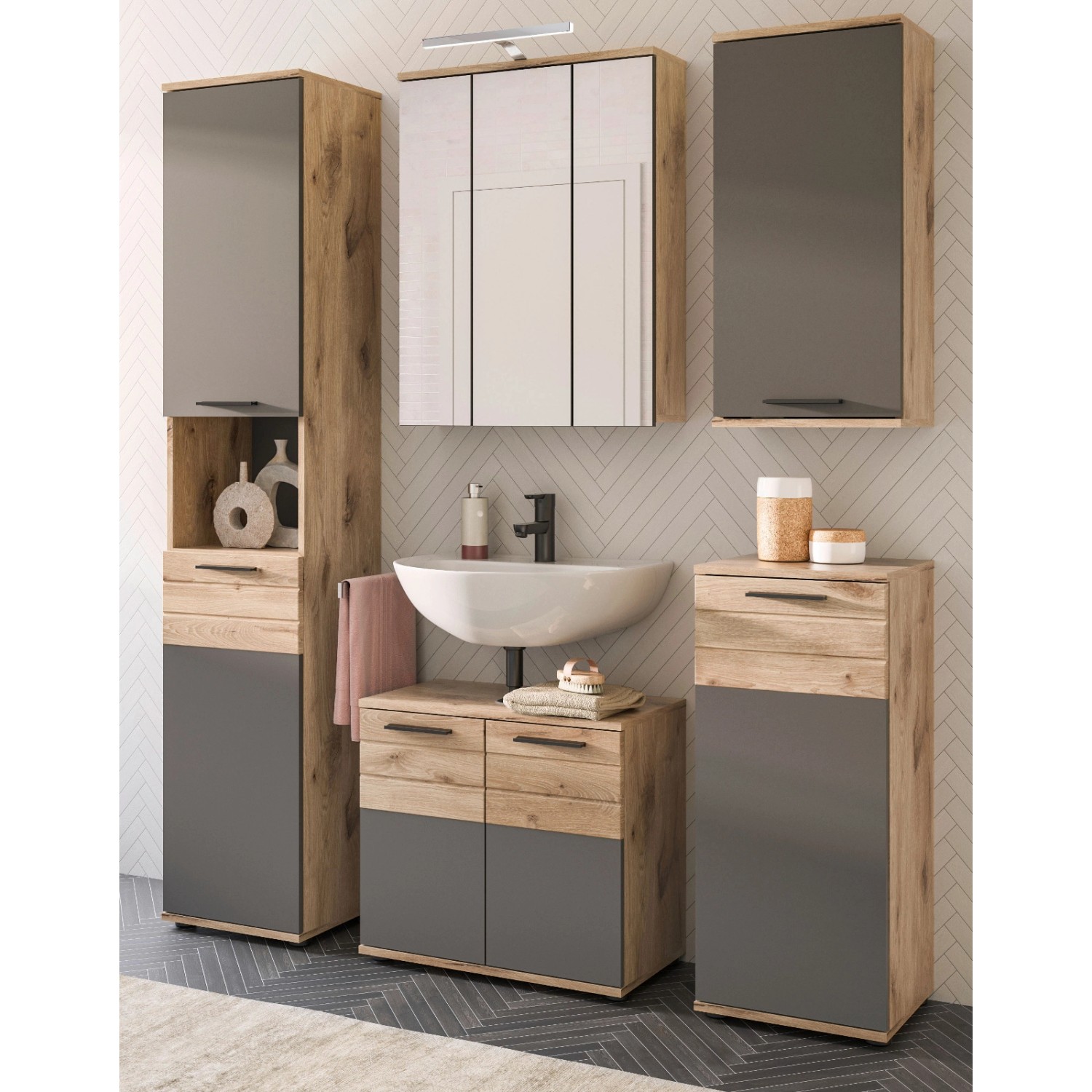 Inn.Furn Badmöbel-Set Eiche Grau 5-teilig 164 cm mit Soft-Close Tomaso günstig online kaufen