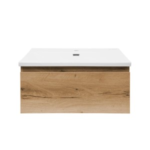 Hängender Badezimmerschrank mit weißem Keramik-Waschbecken und matter Eiche-Front. Kompakter Waschtischunterschrank 59x30x45cm.