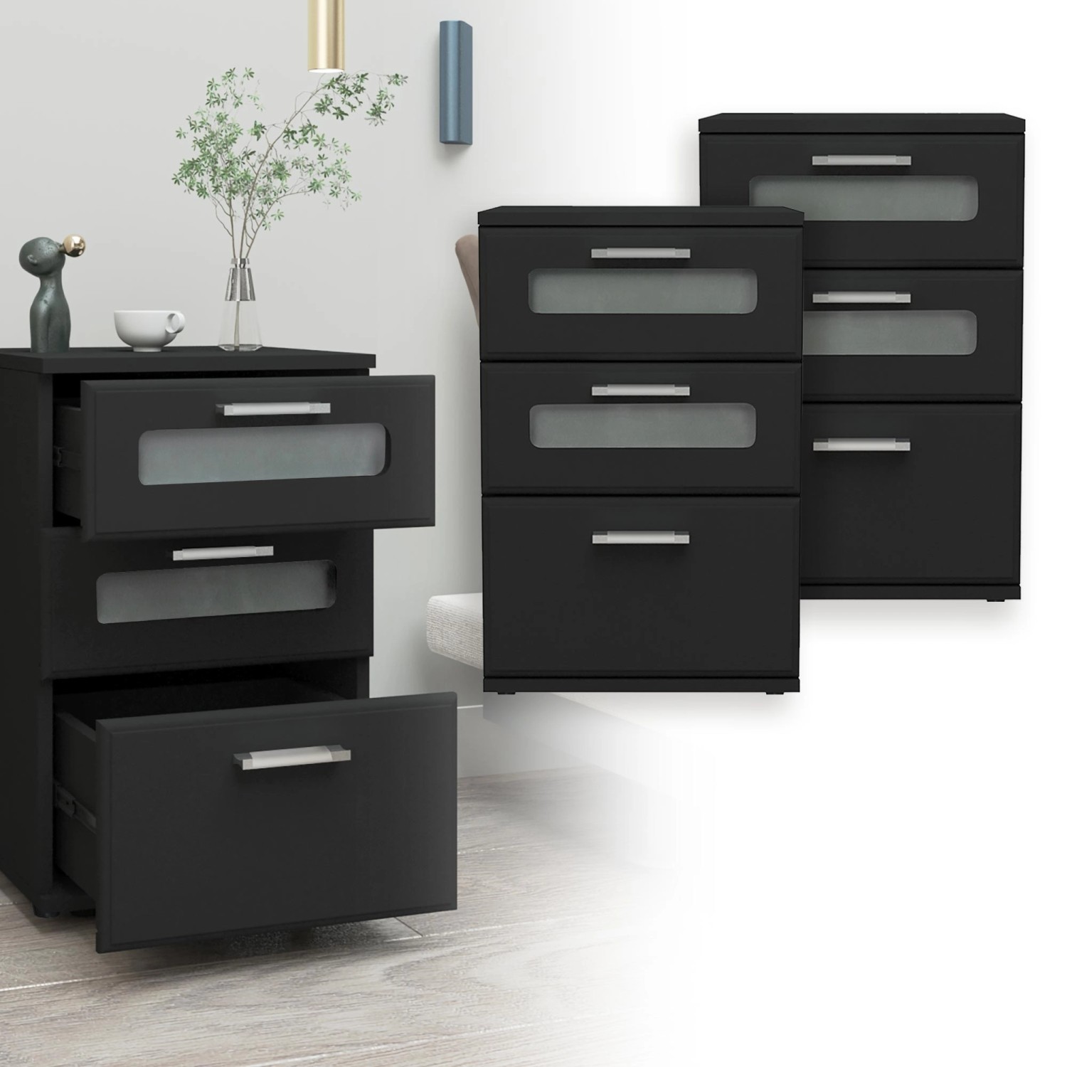 ML-Design Nachttisch 2er Set, schwarze Nachtkommoden mit 3 Schubladen, davon 2 mit Glaseinsatz.
