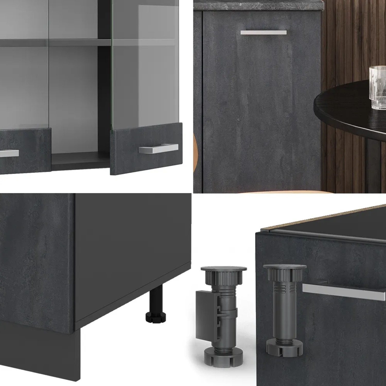 Vicco R-Line Mini-Küche in Schwarz Beton/Anthrazit, 140 cm breit. Küchenzeile mit Arbeitsplatte.