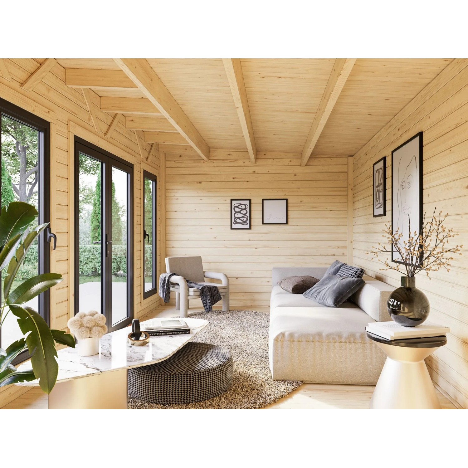 Innenansicht: Hellbraunes Palmako Holz-Gartenhaus mit Pultdach als Wohnraum eingerichtet.