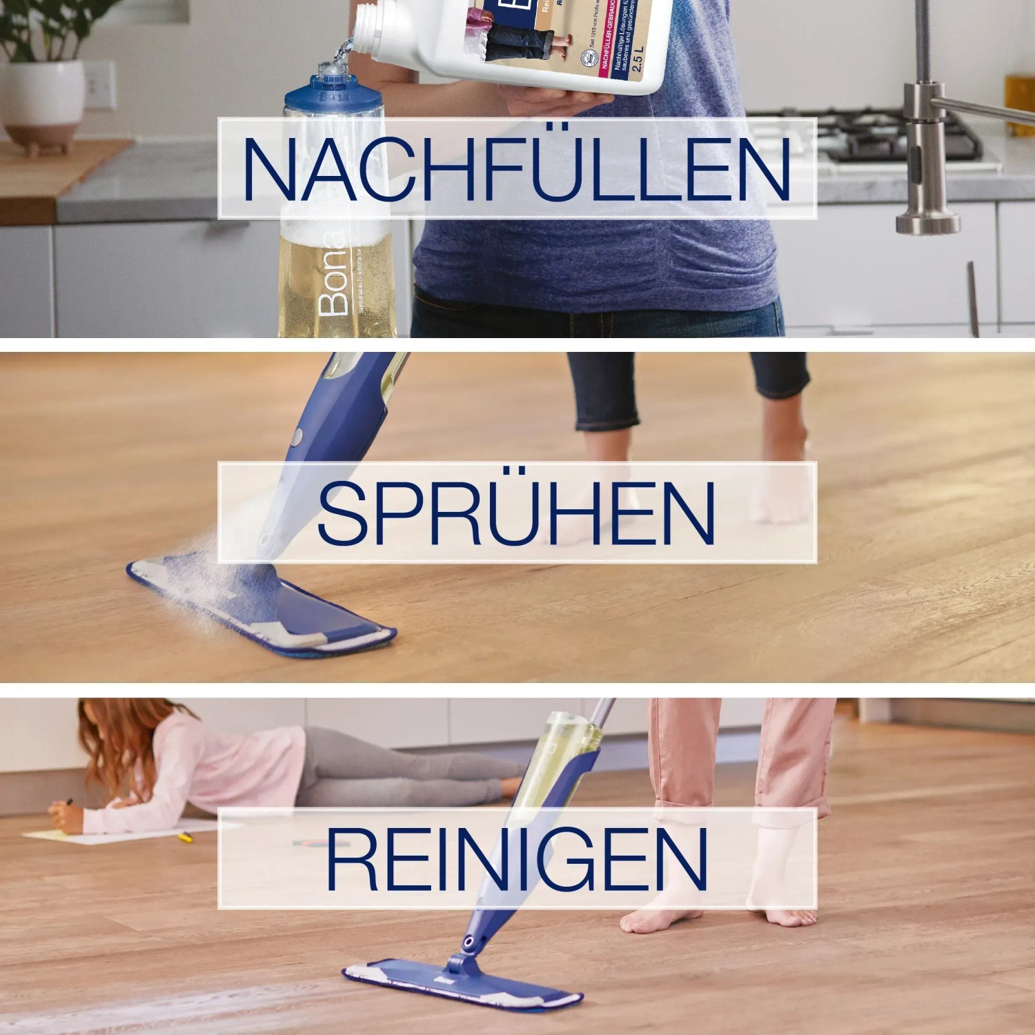 Bona Reiniger Nachfüllkanister für geölte Böden: Nachfüllen, Sprühen und Reinigen in 3 Schritten.