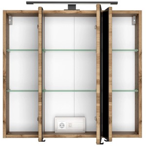 Offener Held Möbel 3D-Spiegelschrank Rom 70 cm in Wotaneiche mit Glasböden und Aufsatzleuchte.