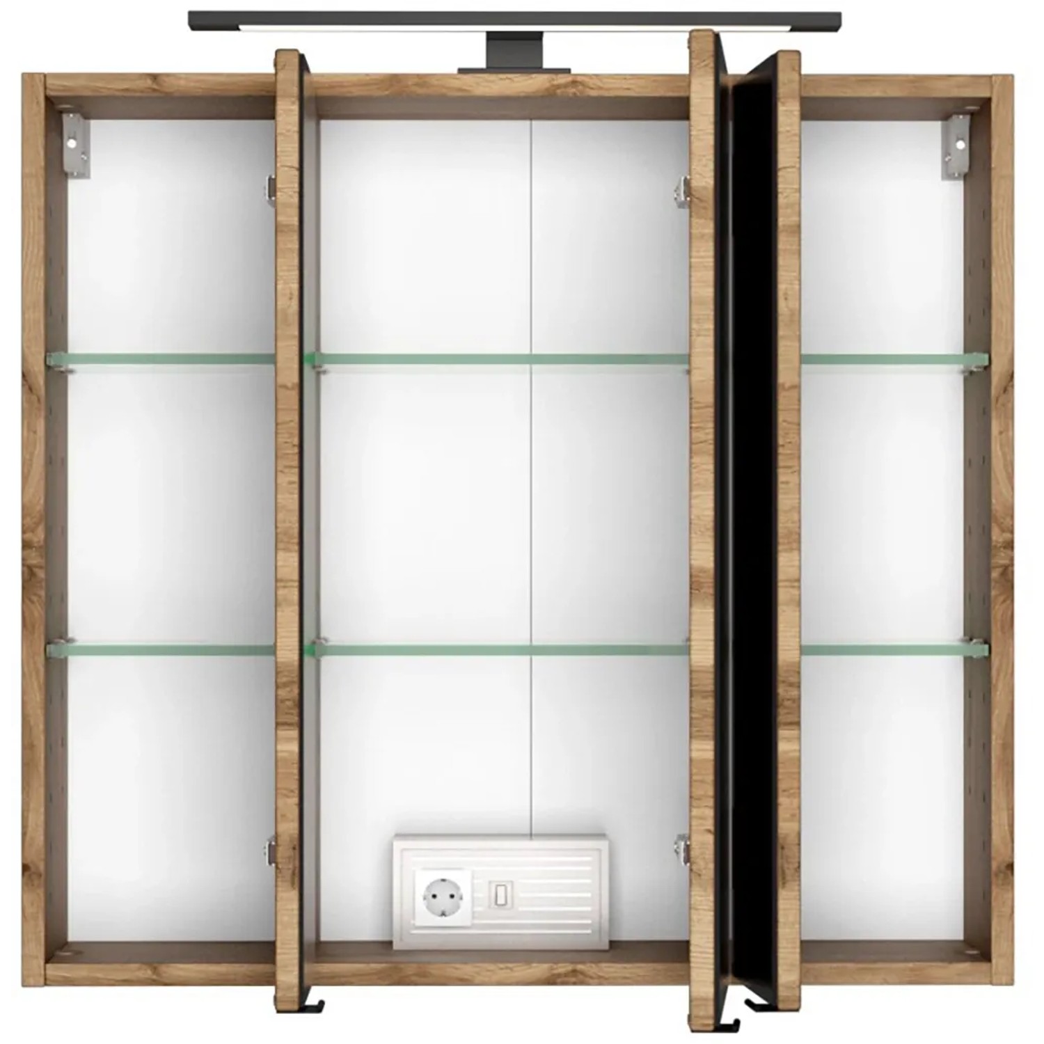 Offener Held Möbel 3D-Spiegelschrank Rom 70 cm in Wotaneiche mit Glasböden und Aufsatzleuchte.