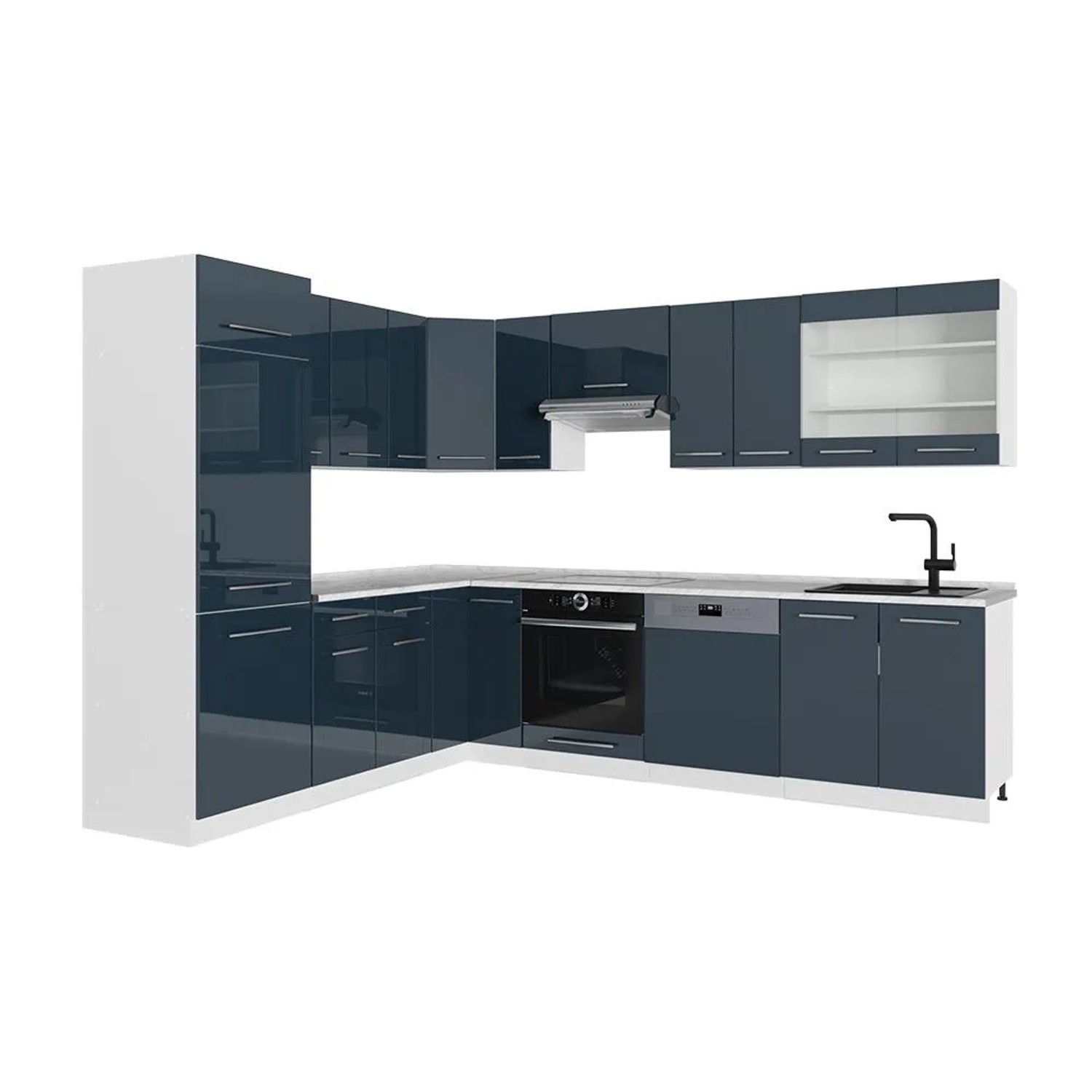 Vicco Eckküche Fame-Line Dunkelblau Hochglanz/Weiß 287 x 82, AP Marmor