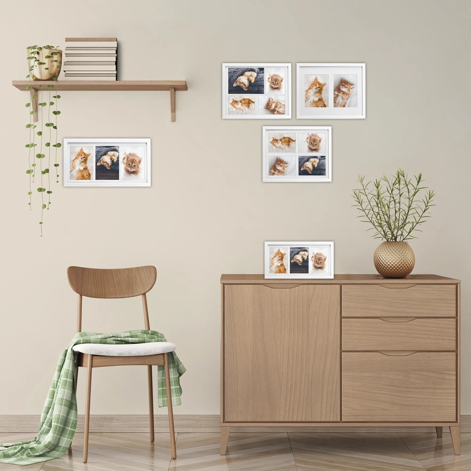 Bomoe Galeria Bilderrahmen, verschiedene weiße Multirahmen für 2-4 Fotos an der Wand.