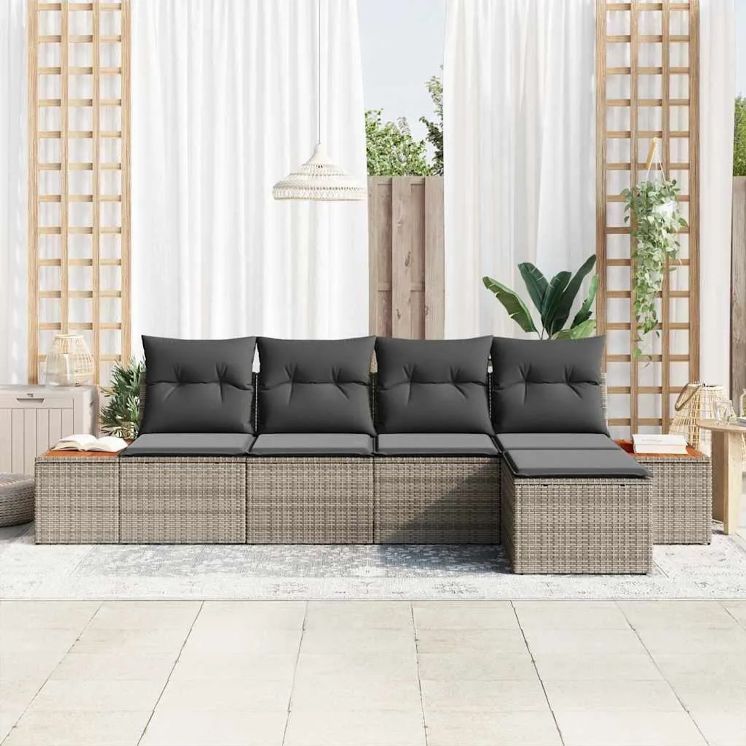 Graues 5-teiliges vidaXL Garten-Sofa-Set aus Poly Rattan mit Kissen für Terrasse und Garten.